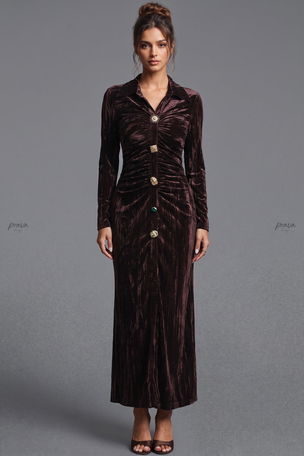 Dark Brown Crushed Velvet Column Maxi Shirt Dress Flowering Girl