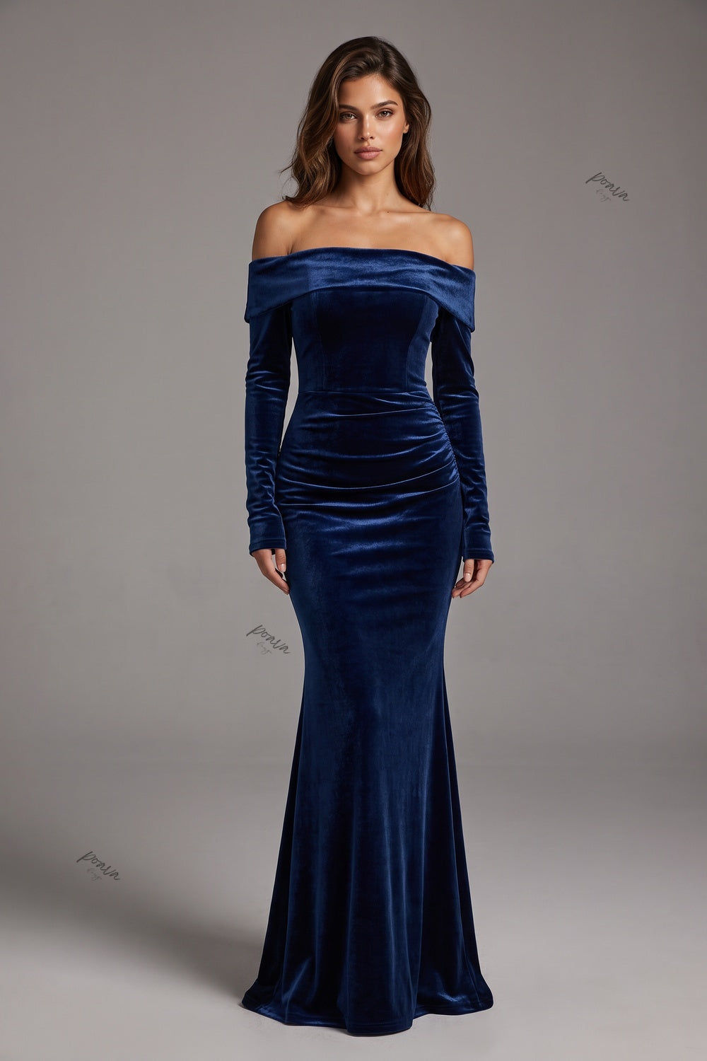 Navy Blue Velvet Mermaid Evening Gown Flowering Girl