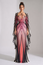 Engineered Radiating Stripe Chiffon Cape Column Gown Flowering Girl