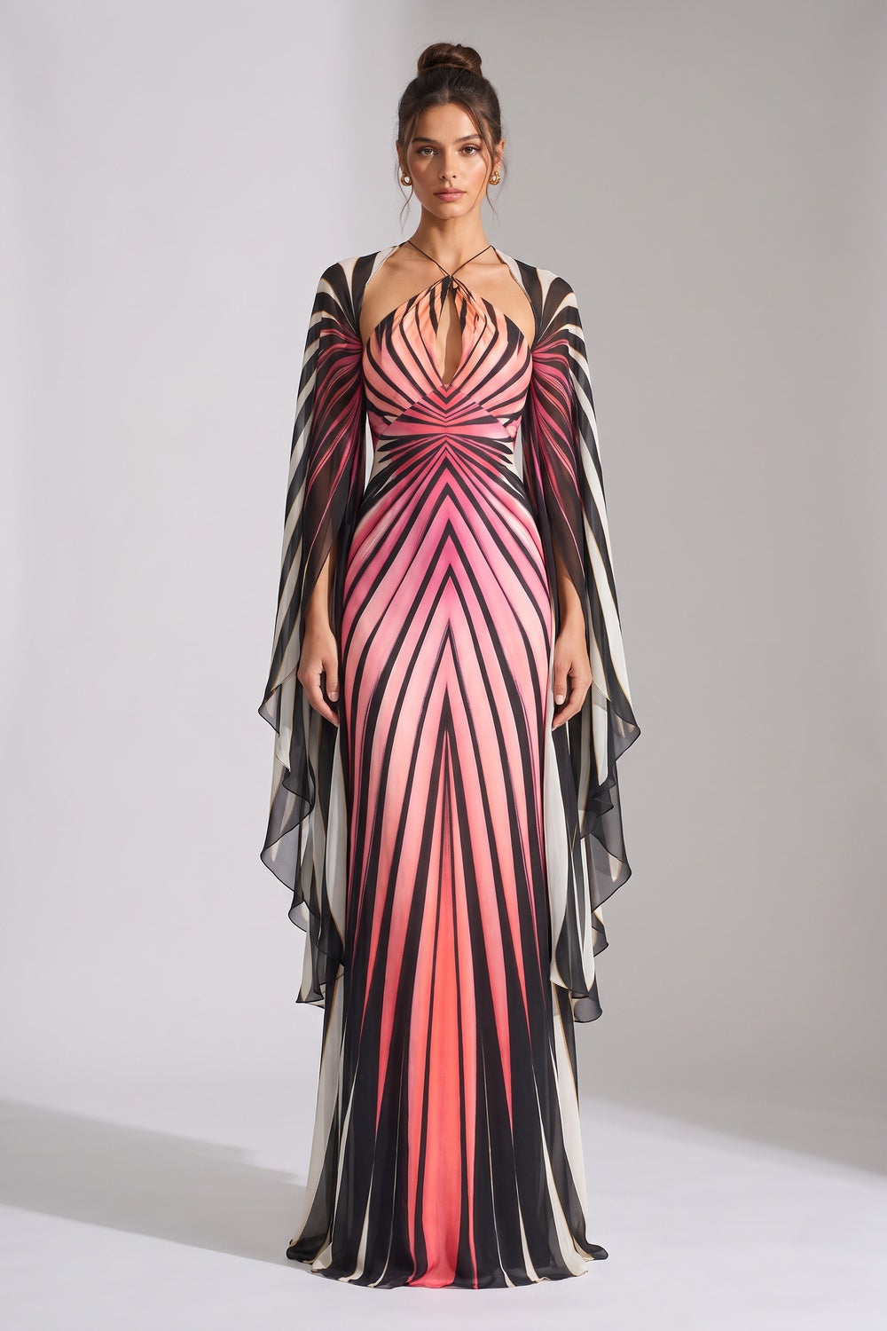 Engineered Radiating Stripe Chiffon Cape Column Gown Flowering Girl