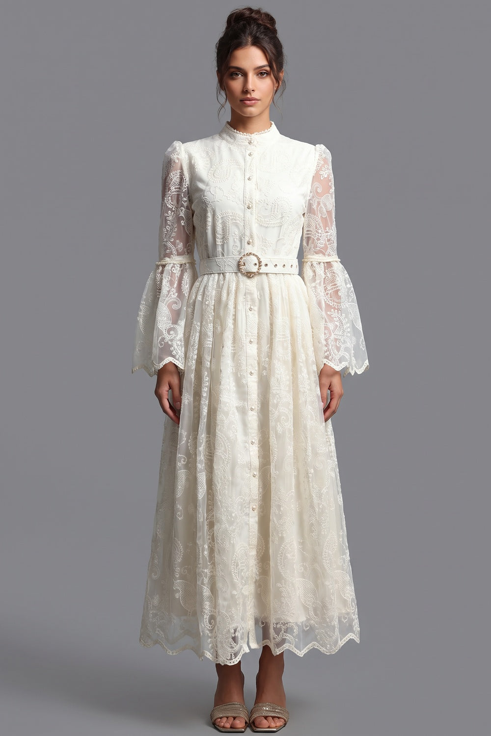 Cream Embroidered Floral Lace A-Line Dress Flowering Girl