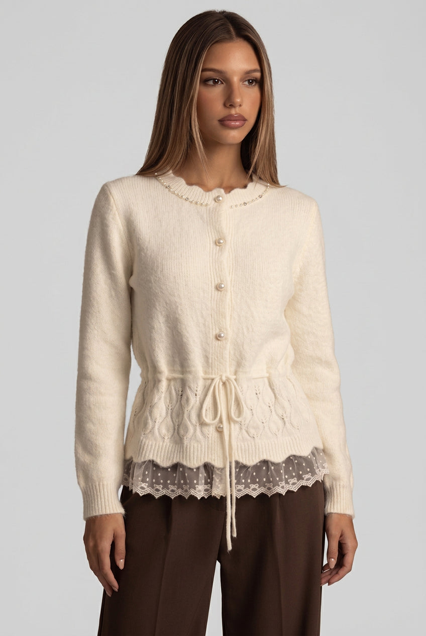 Cream Fuzzy Knit Wool Blend Peplum Cardigan with Lace Hem Flowering Girl