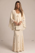 Cream Fuzzy Mohair-Blend Two-Piece Knit Set with Capelet and Rose Appliqué Maxi Dress Flowering Girl