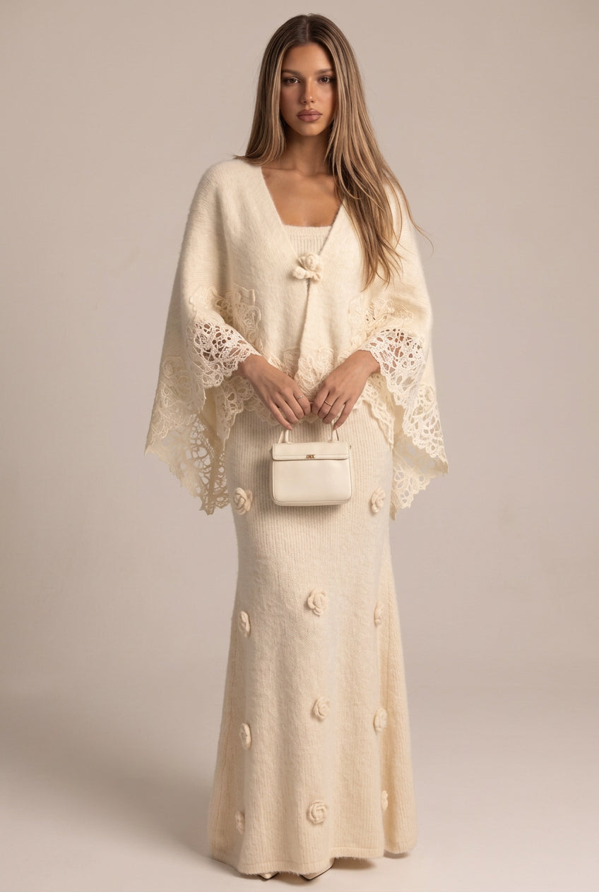 Cream Fuzzy Mohair-Blend Two-Piece Knit Set with Capelet and Rose Appliqué Maxi Dress Flowering Girl