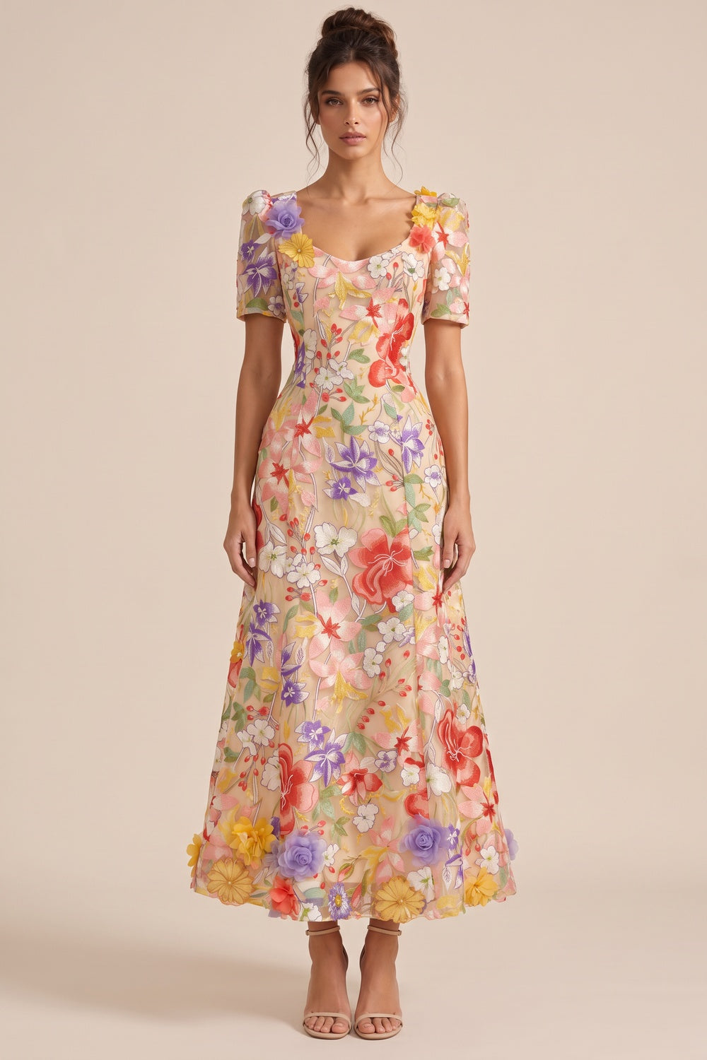 Nude Sheer Organza A-Line Midi Dress with Multicolor 3D Floral Embroidery Flowering Girl