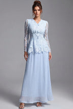 Light Blue Floral Lace Peplum Top & Pleated Maxi Skirt Two-Piece Dress Set Flowering Girl
