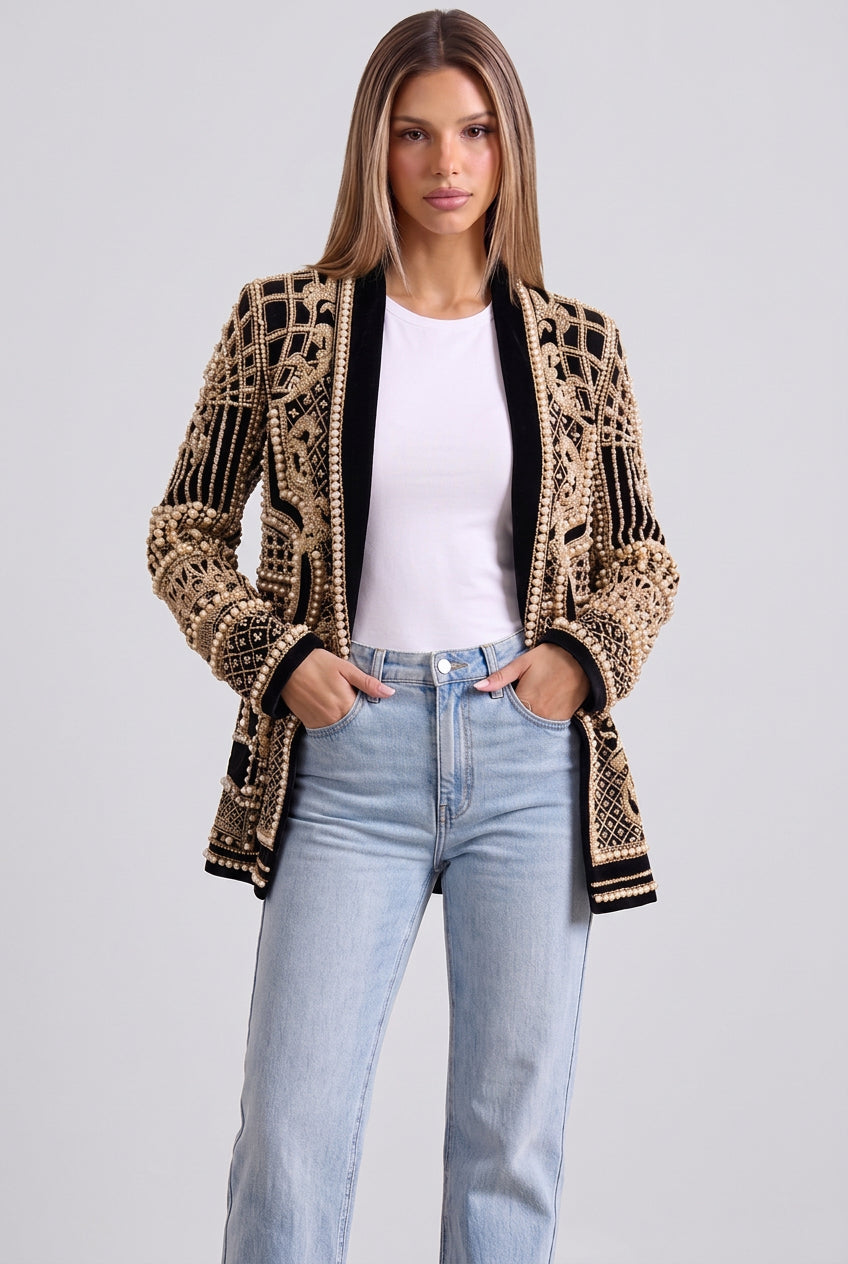 Black Structured Longline Blazer with Pearl and Gold Embroidery Flowering Girl