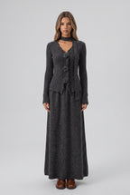 Dark Grey Ribbed Knit Two-Piece Set with Rose Buttons and Choker Flowering Girl