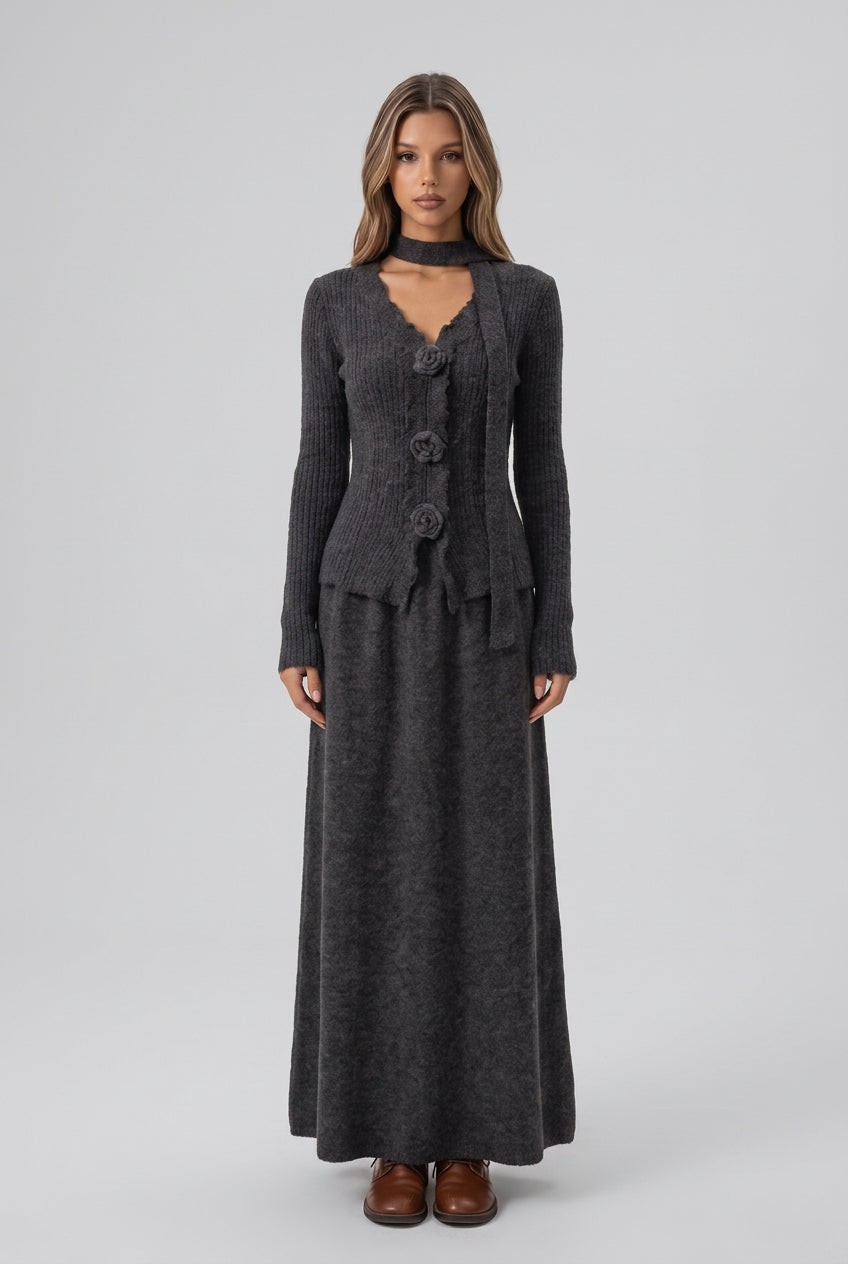 Dark Grey Ribbed Knit Two-Piece Set with Rose Buttons and Choker Flowering Girl
