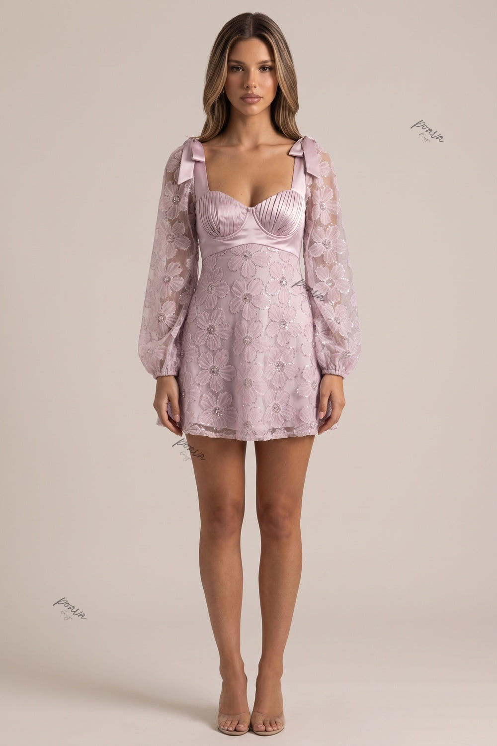 Lilac Sheer Floral Embroidered Mesh A-line Fit-and-Flare Mini Dress Flowering Girl