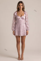 Lilac Sheer Floral Embroidered Mesh A-line Fit-and-Flare Mini Dress Flowering Girl