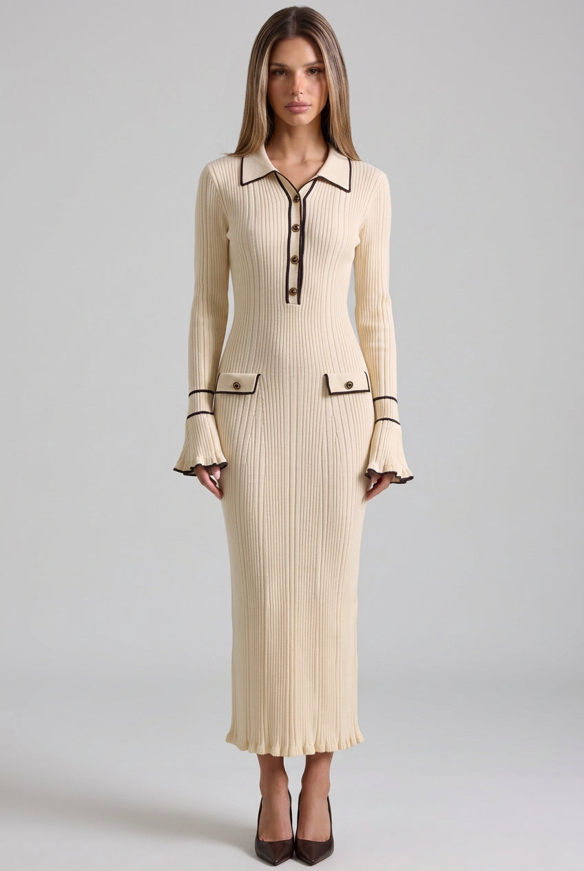 Cream Ribbed Knit Polo Dress with Contrast Trim Flowering Girl