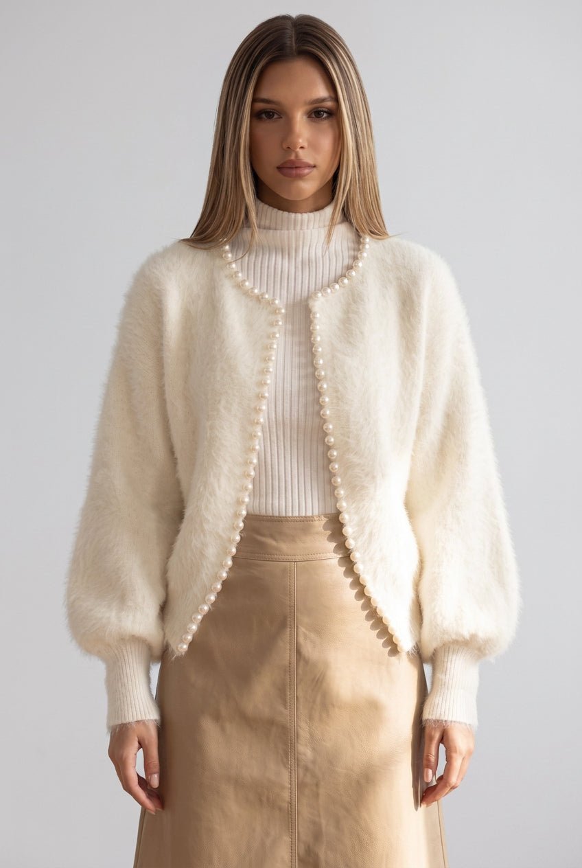 Off-White Fuzzy Mohair-Style Knit Cardigan with Pearl Trim Flowering Girl