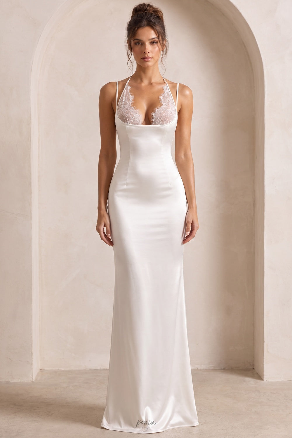 Ivory Satin Column Gown with Lace Insert Flowering Girl