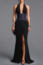Black Two-Tone Halter Gown with Structured Corset Waist and High Slit Flowering Girl
