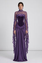 Deep Purple Velvet Corset Evening Gown with Lace Cape Sleeves Flowering Girl