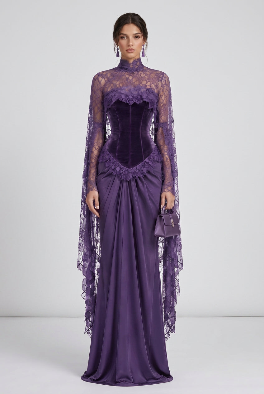 Deep Purple Velvet Corset Evening Gown with Lace Cape Sleeves Flowering Girl