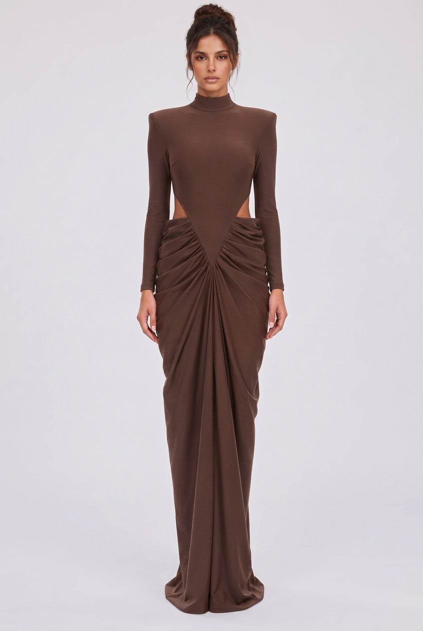 Chocolate Brown Matte Jersey Column Gown with Structured Shoulders Flowering Girl