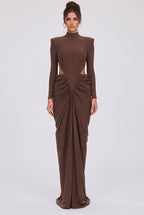 Chocolate Brown Matte Jersey Column Gown with Structured Shoulders Flowering Girl