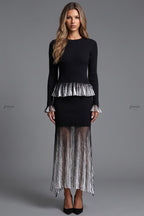 Black Ribbed Knit Two-Piece Set with Metallic Pleated Peplum Flowering Girl
