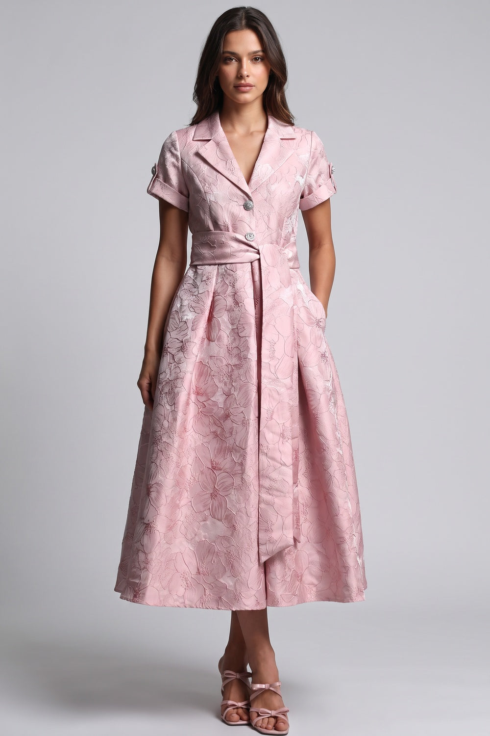 Pale Pink Floral Jacquard Fit-and-Flare Midi Dress with Metallic Sheen Flowering Girl
