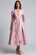 Pale Pink Floral Jacquard Fit-and-Flare Midi Dress with Metallic Sheen Flowering Girl