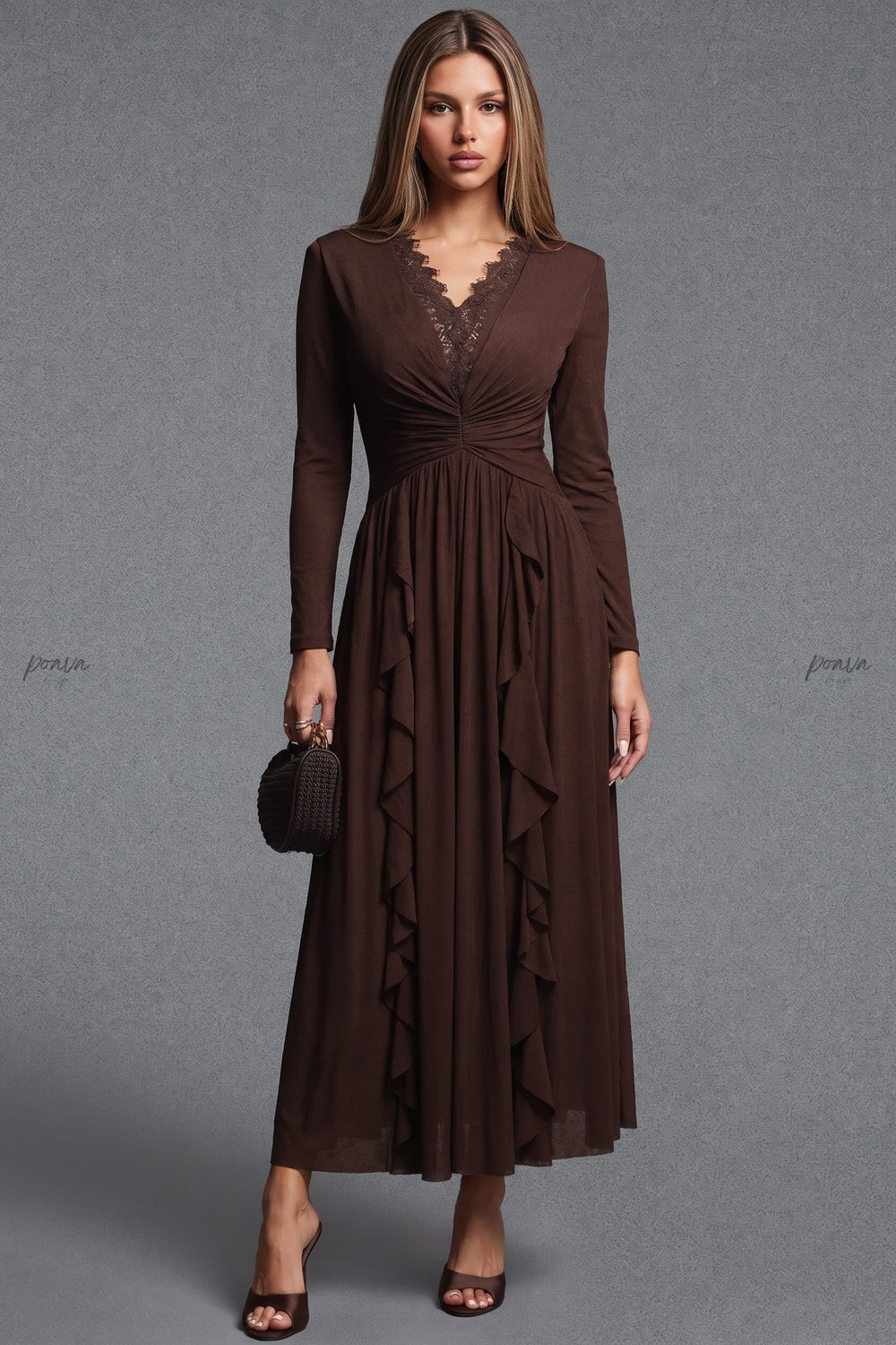 Dark Brown A-Line Maxi Dress with Lace Trim V-Neck and Cascading Ruffles Flowering Girl