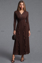 Dark Brown A-Line Maxi Dress with Lace Trim V-Neck and Cascading Ruffles Flowering Girl