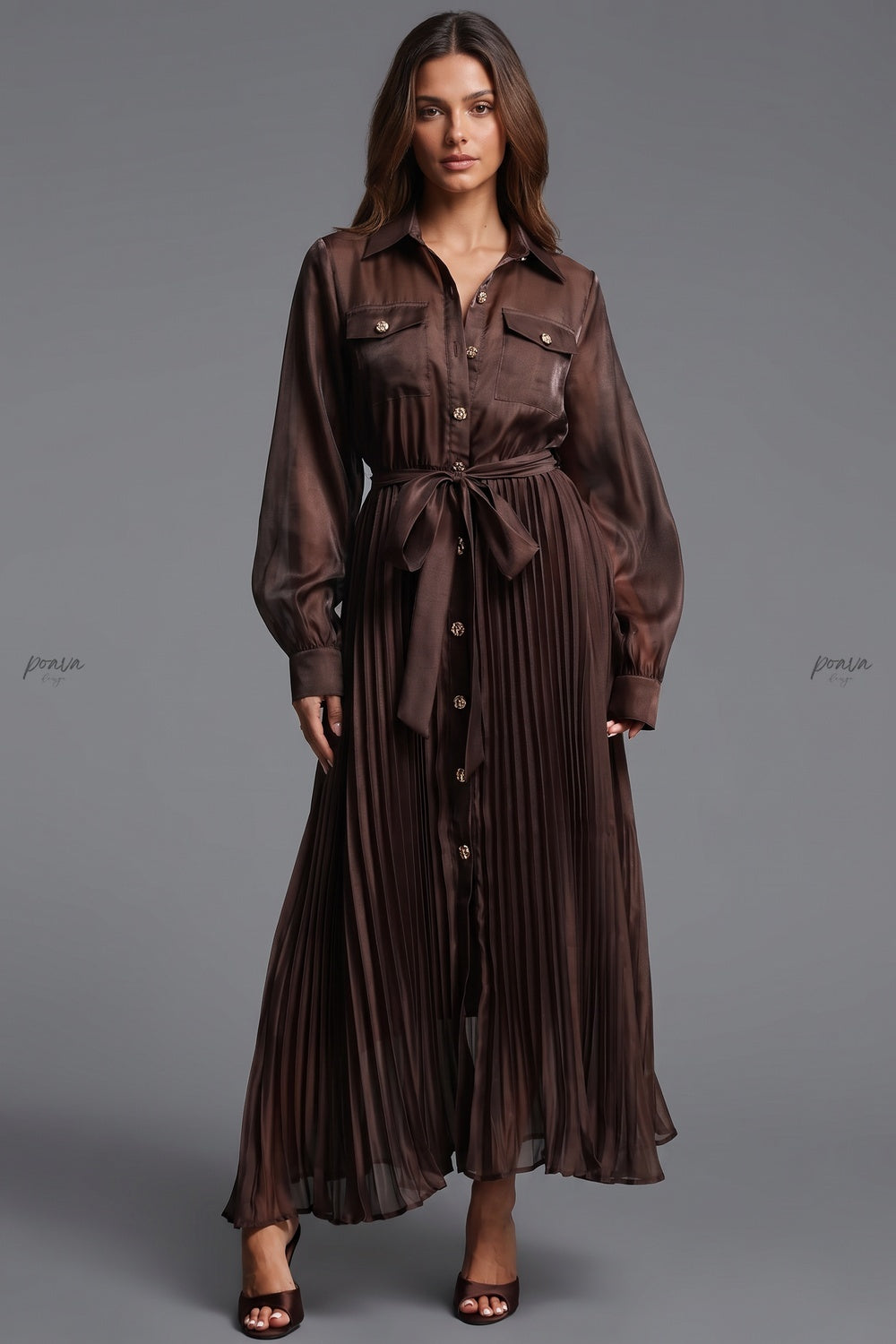 Chocolate Brown Semi-Sheer Organza-Like A-Line Maxi Shirt Dress Flowering Girl
