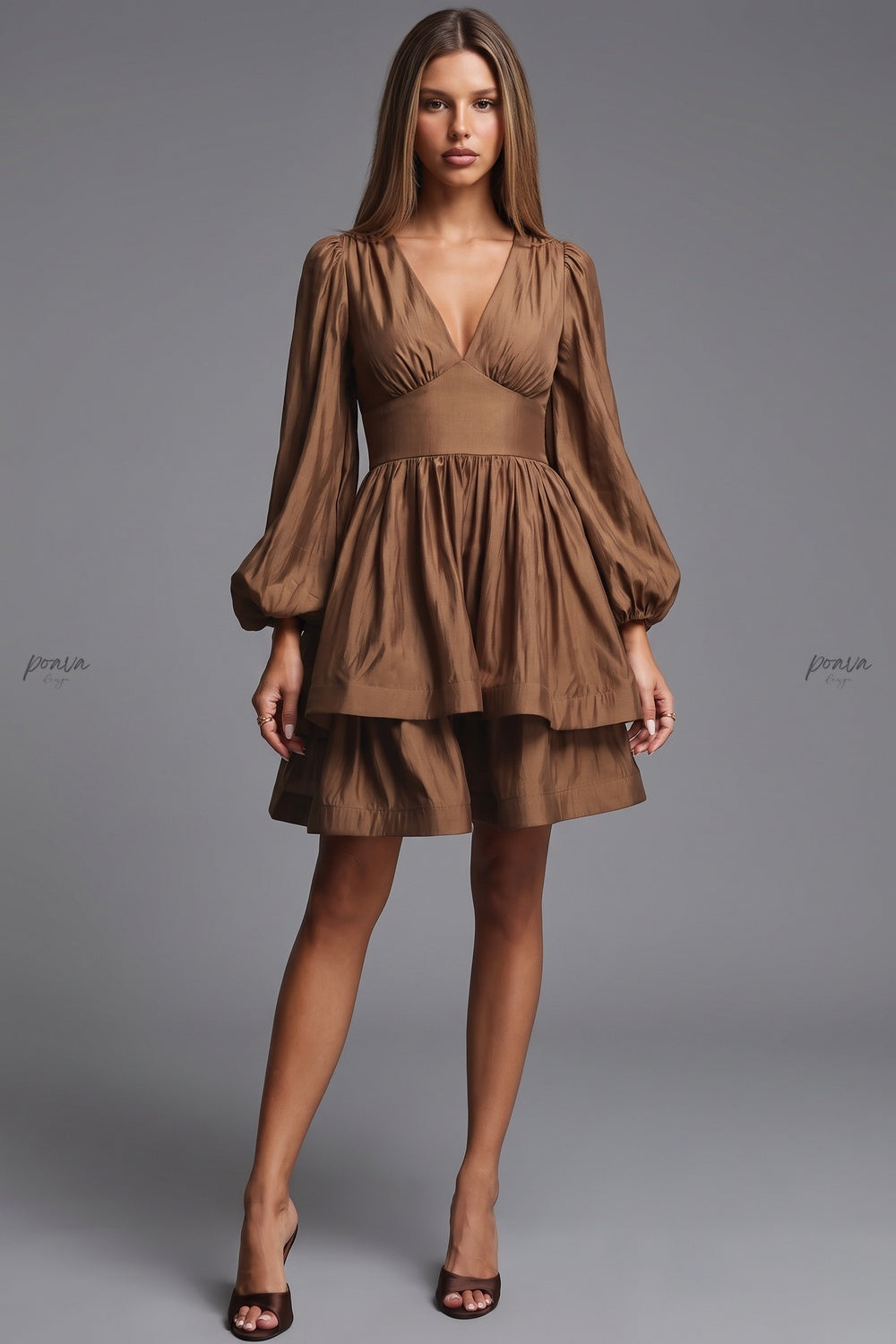 Bronze Brown Taffeta-Like Fit-and-Flare Tiered Mini Dress Flowering Girl