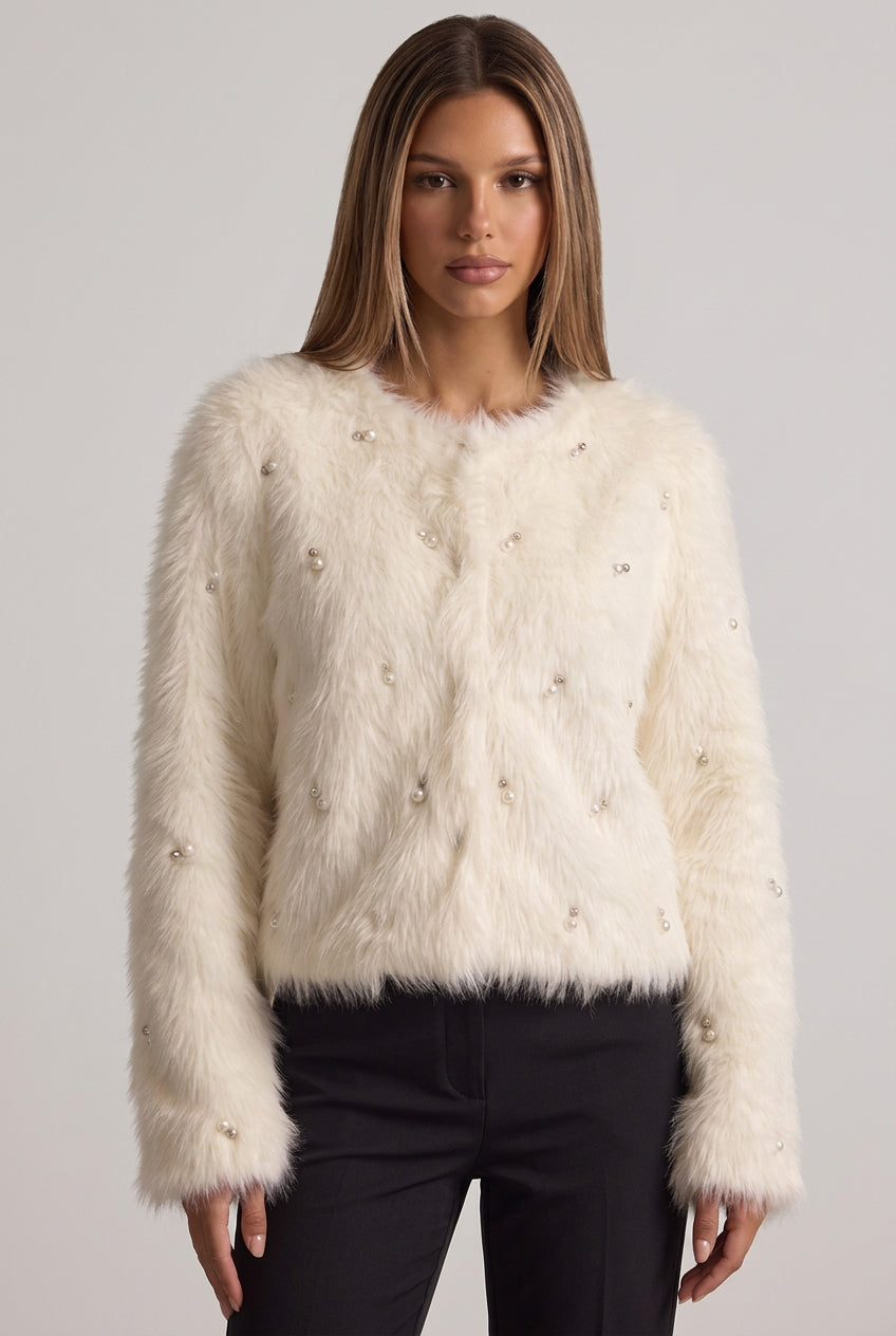 Off-White Faux Fur Boxer Jacket with Pearl Bead Details Flowering Girl