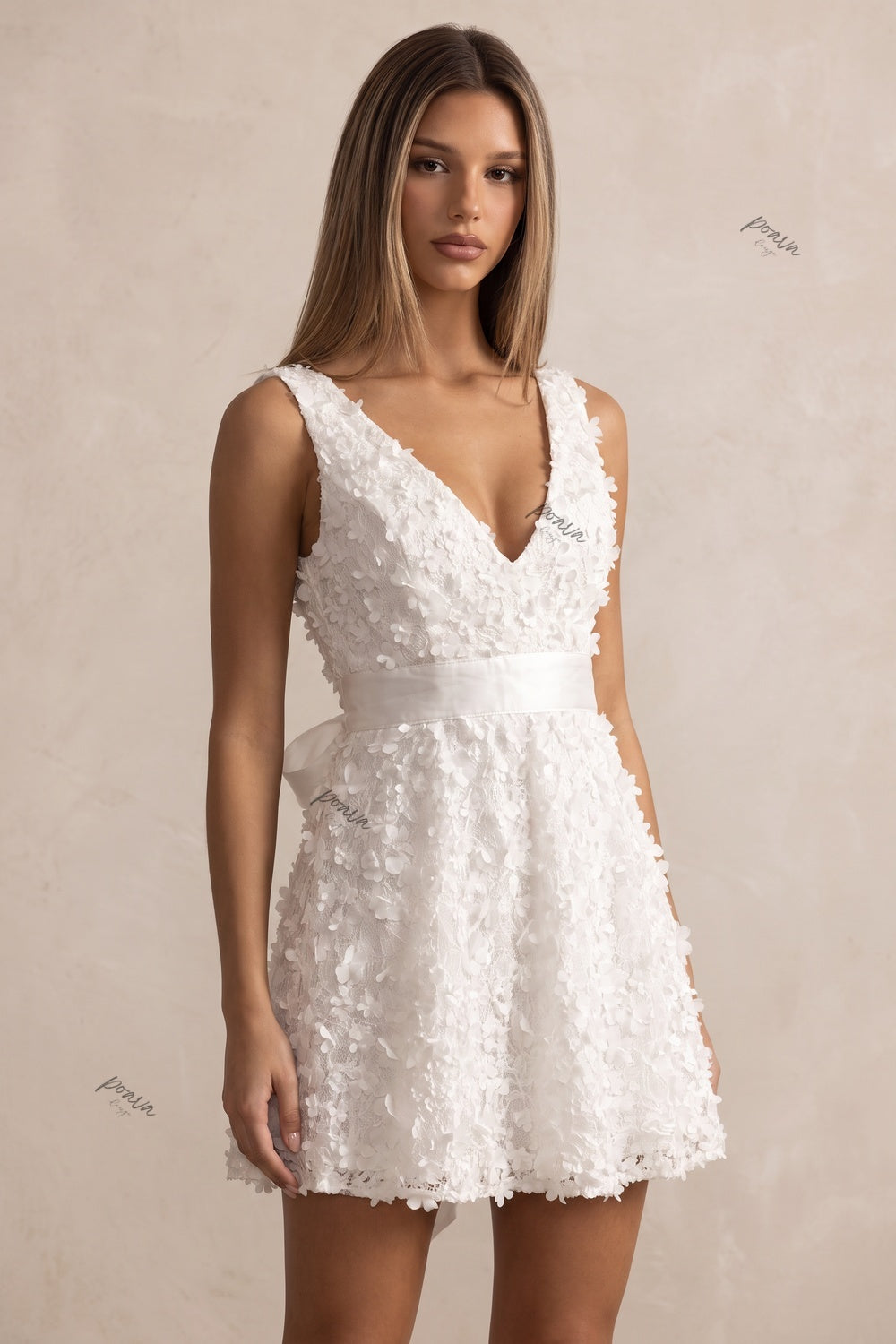 White 3D Floral Mini Fit-and-Flare Dress with Deep V-Neck Flowering Girl