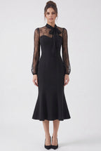 Black Crepe Mermaid Dress with Sheer Floral Lace Sleeves Flowering Girl