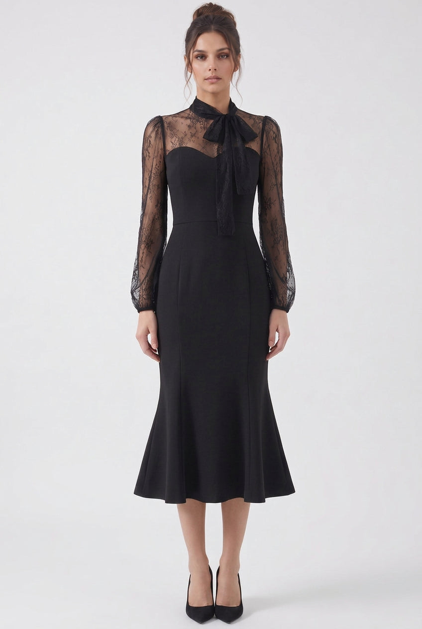 Black Crepe Mermaid Dress with Sheer Floral Lace Sleeves Flowering Girl