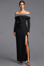 Black Heavy Stretch Crepe Column Evening Gown with Pearl Embellishment Flowering Girl