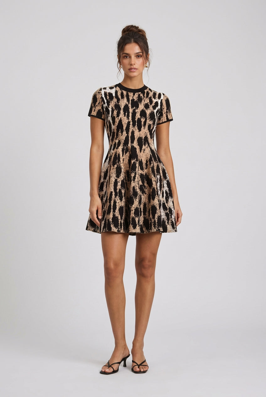 Black & Beige Abstract Leopard Print Structured Knit A-Line Mini Dress Flowering Girl