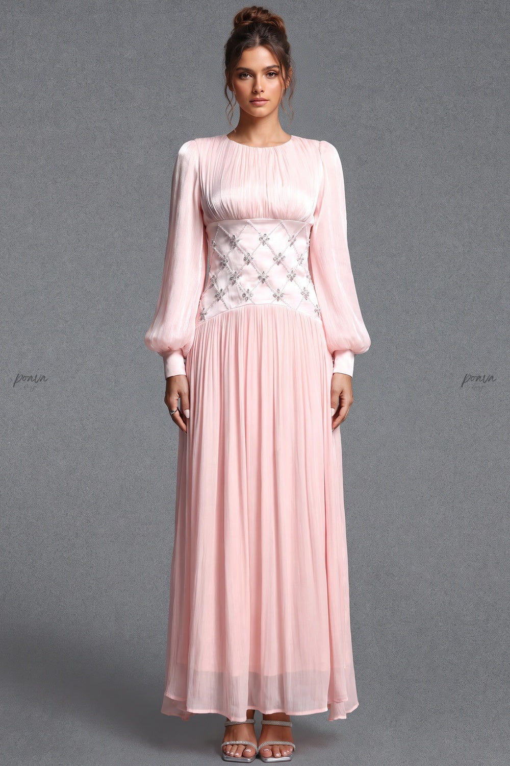 Pale Pink Chiffon A-Line Maxi Dress with Embellished Waist Flowering Girl