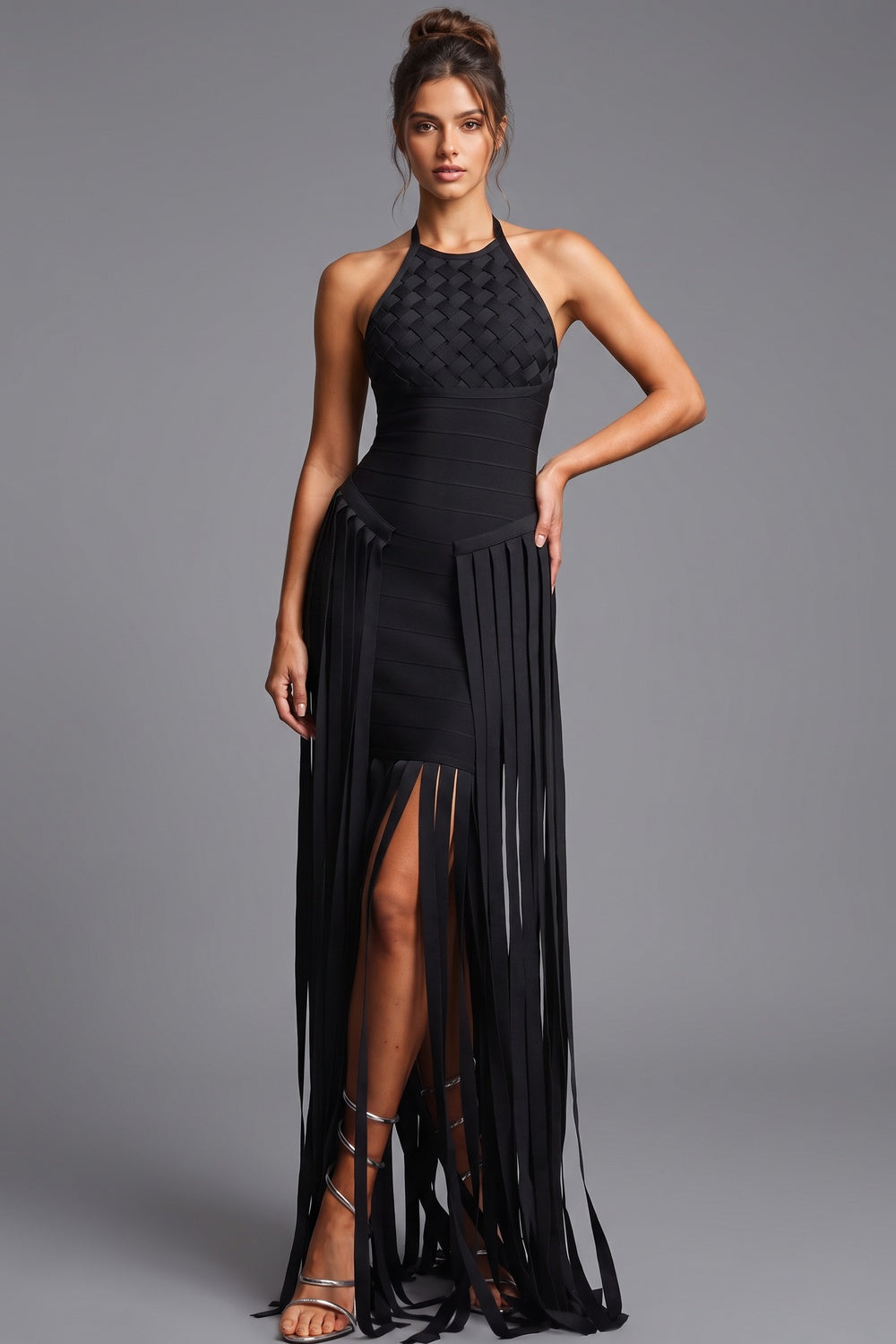 Black Bandage Knit Bodycon Gown with Fringe Overlay Flowering Girl