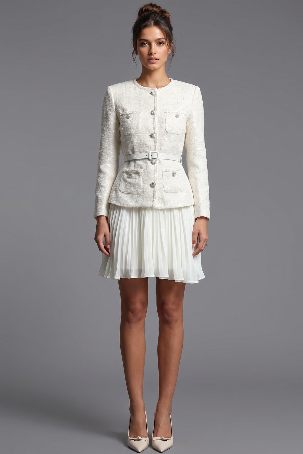 Off-White Tweed Skirt Suit Set with Peplum Jacket and Pleated Mini Skirt Flowering Girl