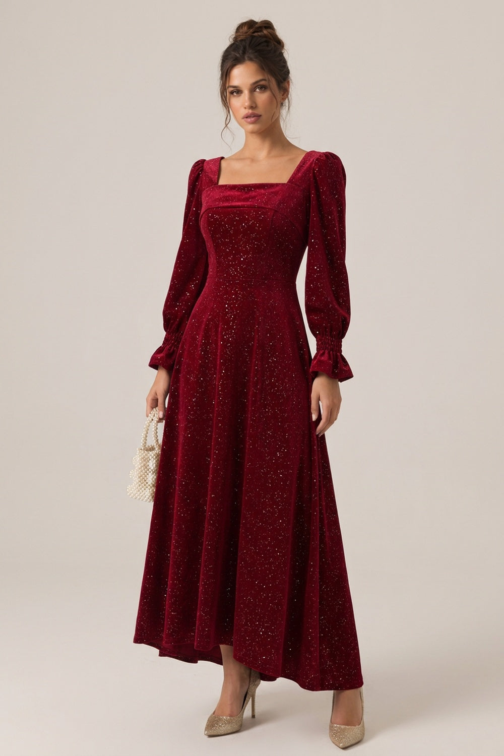 Burgundy Sparkle Square-Neck Midi Dress Flowering Girl