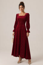 Burgundy Sparkle Square-Neck Midi Dress Flowering Girl