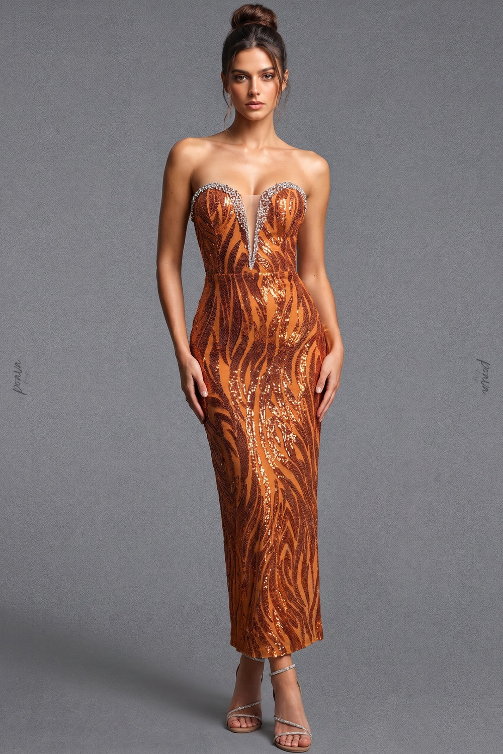 Copper Sequined Mesh Column Dress Flowering Girl