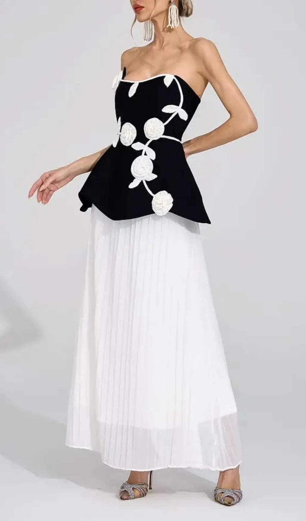 Mignon Black White Floral Strapless Maxi Dress Flowering Girl