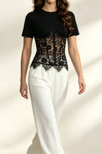 Black Spliced Floral Lace Corset Short Sleeve T-shirt Flowering Girl