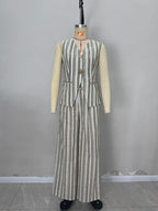 Green White Stripe Linen Sleeveless V-Neck Vest & Wide Leg Pants Two-Piece Set Flowering Girl