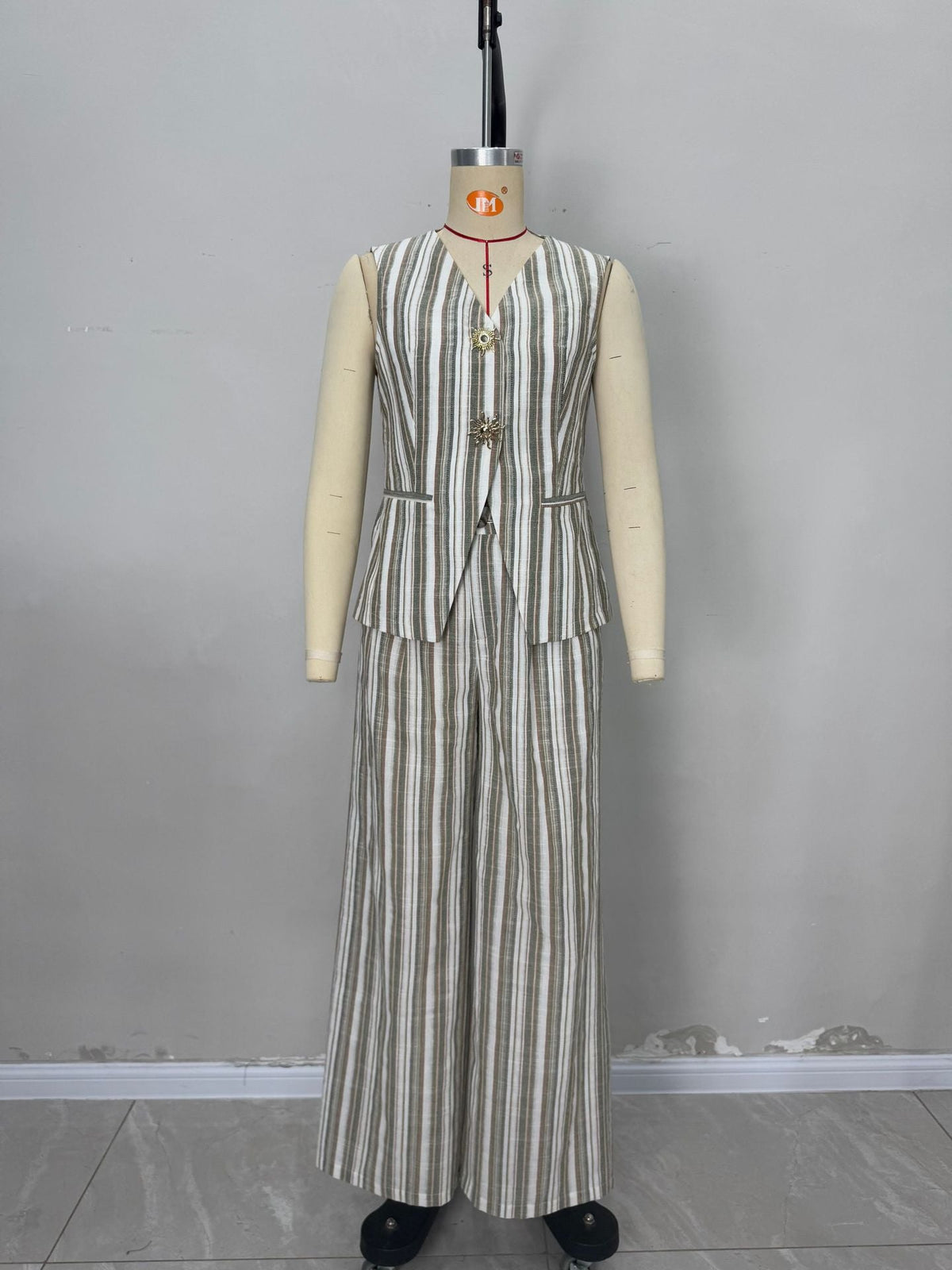 Green White Stripe Linen Sleeveless V-Neck Vest & Wide Leg Pants Two-Piece Set Flowering Girl