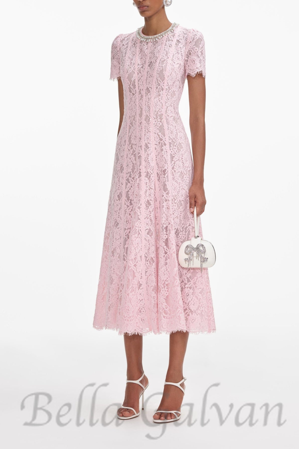Sequin Floral Lace Midi Dress in pink Flowering Girl