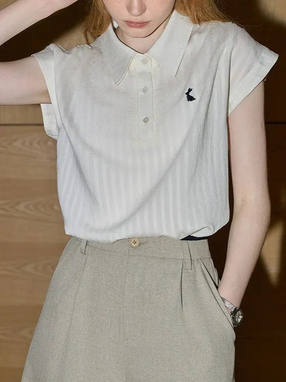 Cream-white Polo Collar Embroidered Sleeveless Shirt Flowering Girl