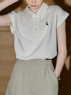 Cream-white Polo Collar Embroidered Sleeveless Shirt Flowering Girl