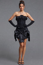 Black Structured Matte Crepe Fitted Corset with Voluminous Satin Bow Mini Skirt Two-Piece Set Flowering Girl
